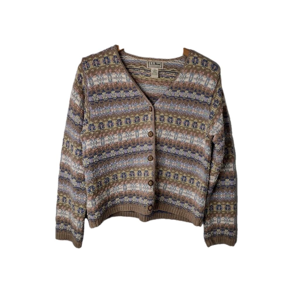 Women's LL Bean 100% Cotton Fair Isle Button Up Cardigan Sweater Small